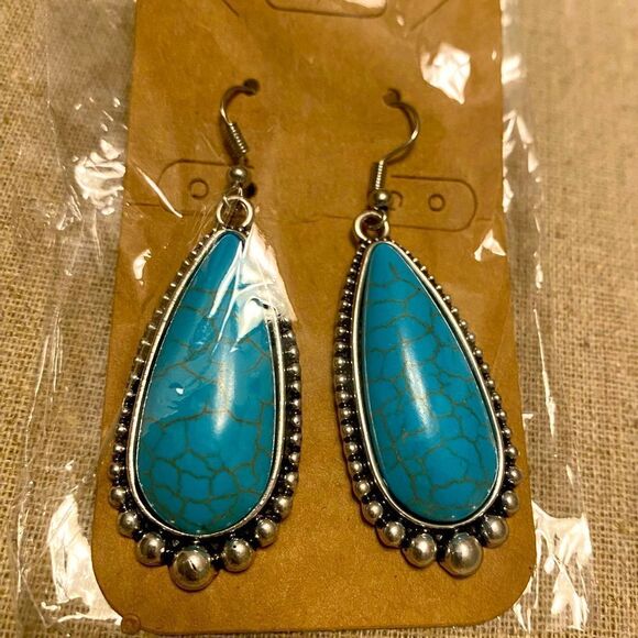 NWT long teardrop FAUX turquoise Boho southwest TexMex western dangle earrings - Picture 2 of 4